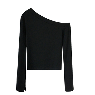 黑色露肩上衣女长袖春夏漏锁骨设计感打底衫高级感小心机斜肩t恤