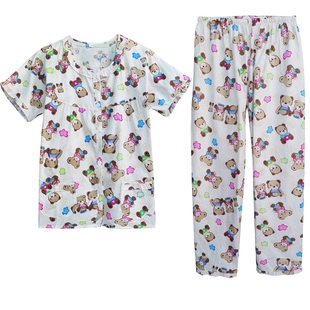 棉布睡衣夏季女纯棉布短袖长裤睡衣梭织女全棉格子家居服大码套装