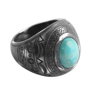 Good Vibrations 绿松石纯银戒指男士复古做旧染黑个性泰银戒子宽