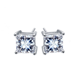 18K白金公主方钻石耳钉 真钻小砖石 男女方形四爪 单钻中性耳饰