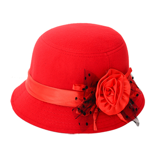 女士时尚春秋帽子中年妈妈英伦复古红冬天花朵上海滩洋气贵族礼帽