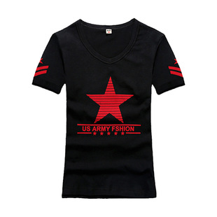 新款纯棉水兵舞T恤双层蓬裙女两件套广场舞T恤V领黑色五角星长袖