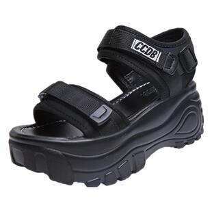 老爹厚底凉鞋女2025夏季时尚新款高跟小码33增高34松糕软底魔术贴