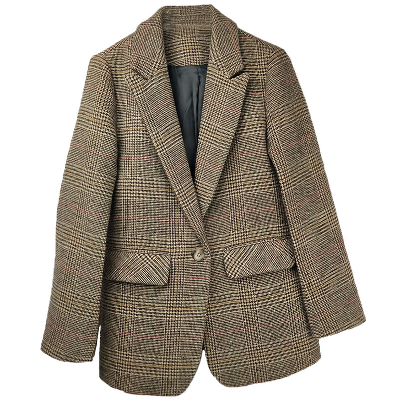 2025春季新款千鸟格子女士休闲毛呢小西装外套女韩版短款呢子西服