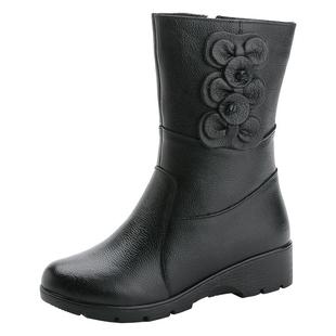 真皮靴子女靴2025秋冬新款妈妈中老年圆头中筒靴加绒女马丁靴牛皮