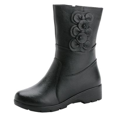 真皮靴子女靴2025秋冬新款妈妈中老年圆头中筒靴加绒女马丁靴牛皮