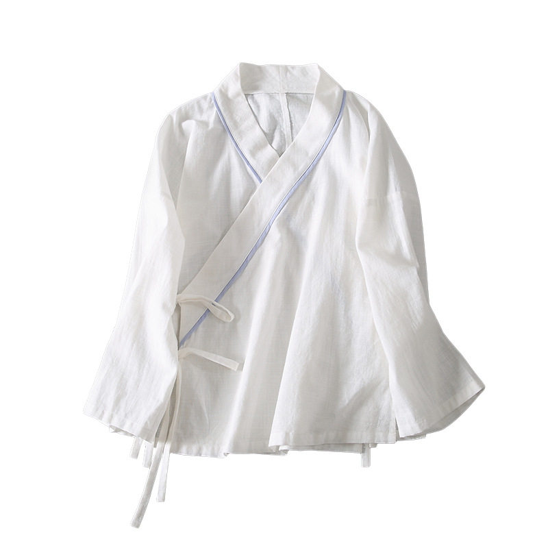 春秋中式交领绑带汉服棉麻上衣里衣女中国风文艺复古茶服禅意衬衫