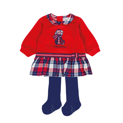 现货西班牙Tutto piccolo女小童狗刺绣天鹅绒裤袜连衣裙套装7796