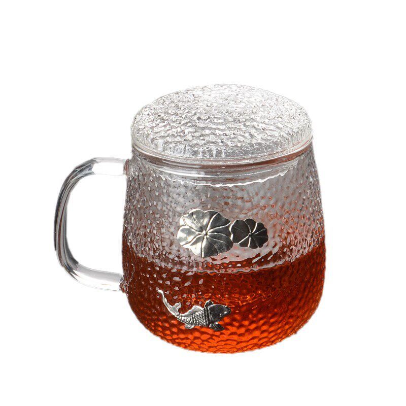 玻璃花茶杯茶水分离办公室杯子女创意个性水杯带盖带手把茶杯