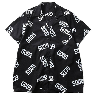 易烊千玺机场同款衣服宽松黑色短袖衬衫女五分袖衬衣夏威夷外套男