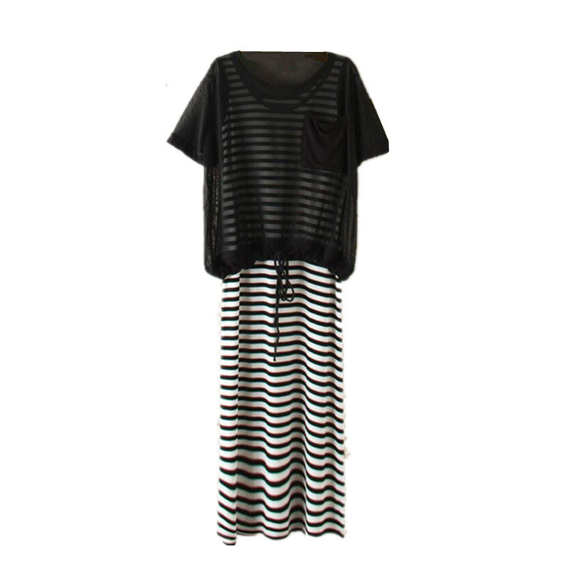 韩版女装短袖网纱罩衫大码条纹长裙夏季莫代尔两件套连衣裙套装裙