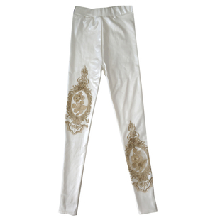 秋冬新款pu弹力打底裤显瘦白色加绒皮裤纱网刺绣紧身仿皮小脚裤