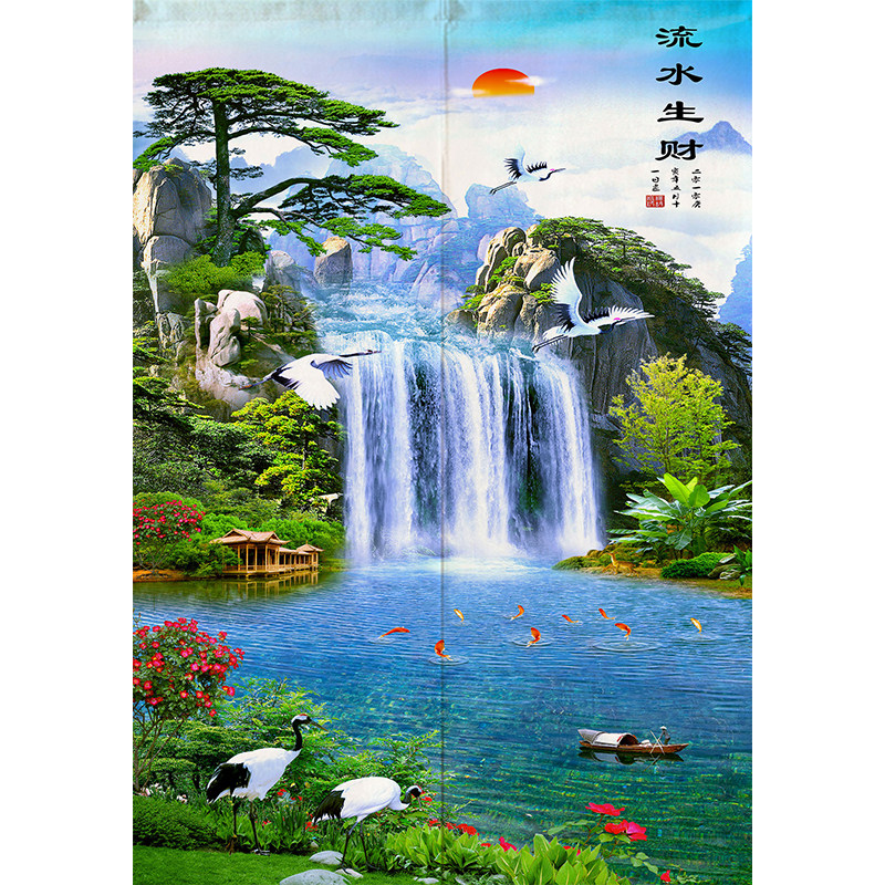 高山流水背景墙玄关油画隔断帘