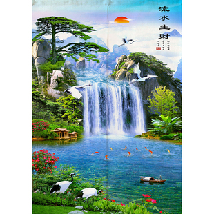 中式山水风景高山流水门帘布艺客厅厕所背景墙隔断帘风水玄关油画