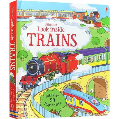 英文原版 Look inside Trains 看里面系列:火车 儿童交通工具科普纸板翻翻书低幼童书学习火车是如何运作的 趣味图画 句型简单