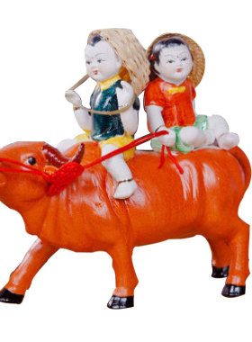 景德镇牧童骑牛陶瓷中式风工艺品