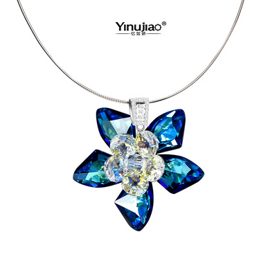 纯银饰品花朵吊坠颈链蓝色水晶