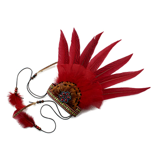 新款 头饰非洲 羽毛 头饰 野人 夸张酋长帽 部落羽毛头饰发饰红色