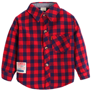 男童加绒衬衫红格子儿童女童宝宝秋冬加厚保暖外套小童纯棉衬衣寸