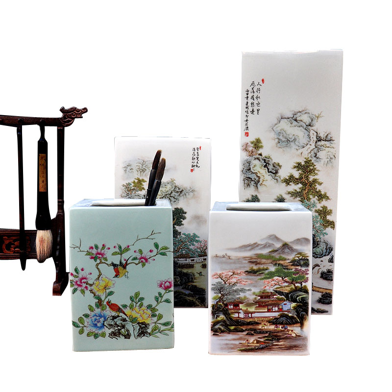 景德镇陶瓷器宫廷风画笔化妆笔毛笔笔筒复古方形中国风书房摆包邮