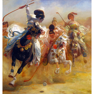 卧室壁画背景墙中式客厅装饰画玄关打印搭配王可伟油画作品马球