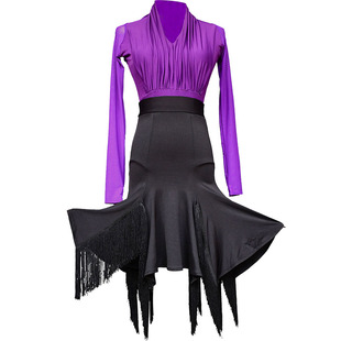 拉丁舞裙流苏套装女成人恰恰伦巴练功服网红摩登舞网纱上衣长袖秋