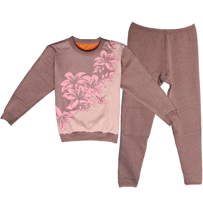 特大号胖妈妈加绒加厚低领保暖内衣套装加肥加大码中老年人大圆领