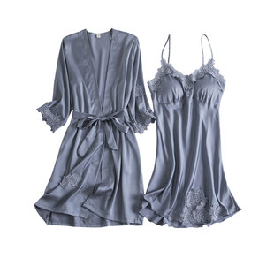 向娜睡衣女春秋薄款冰丝绸吊带睡裙睡袍两件套带胸垫新娘晨袍红色