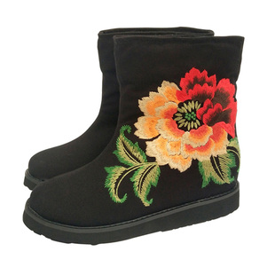 九天莲池棉靴女冬短靴内增高加绒保暖防滑加厚老北京布鞋女绣花鞋