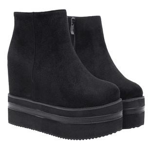 12CM坡跟超高跟短靴防水台马丁靴小个子增高裸靴厚底加绒松糕女鞋