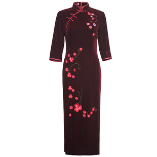 华族经典金丝绒旗袍中长款修身显瘦改良高贵宴会旗袍连衣裙夏装女