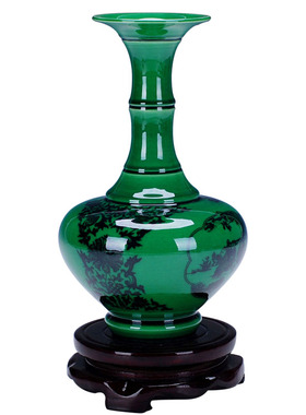 218景德镇陶瓷 仿古开片釉中式绿釉花瓶 家居摆件艺术品瓷器