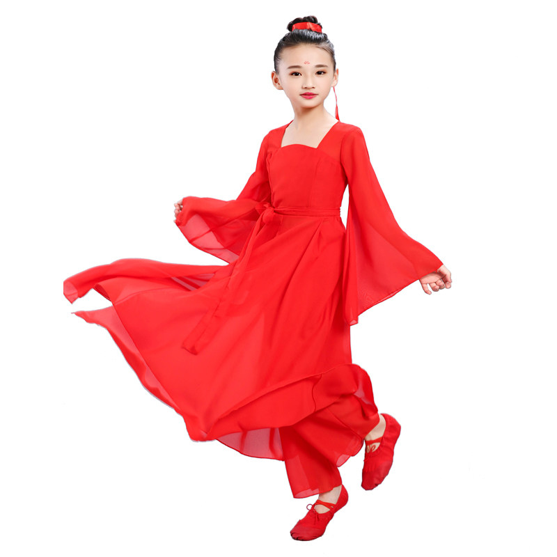 儿童古典舞演出服女汉服中国风红色古筝表演舞蹈水袖大鱼海棠服