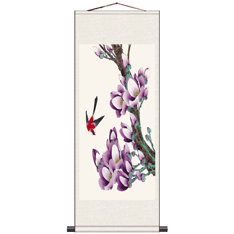 礼品画送客户丝绸画卷轴挂画客厅装饰画玉兰小鸟风水挂画莲花九鱼