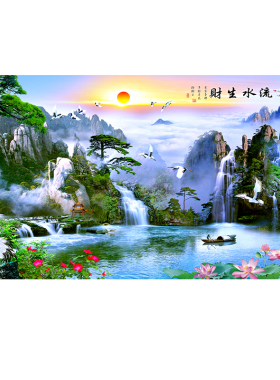 中堂画流水生财自粘迎客松挂画