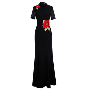 黑色鱼尾旗袍2025年春季新款毛毛同款走秀旗袍长款高端绣花演出服