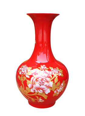 红色景德镇粉彩陶瓷器牡丹大号