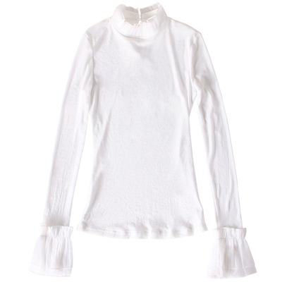 半高领白色蕾丝荷叶边喇叭袖加绒