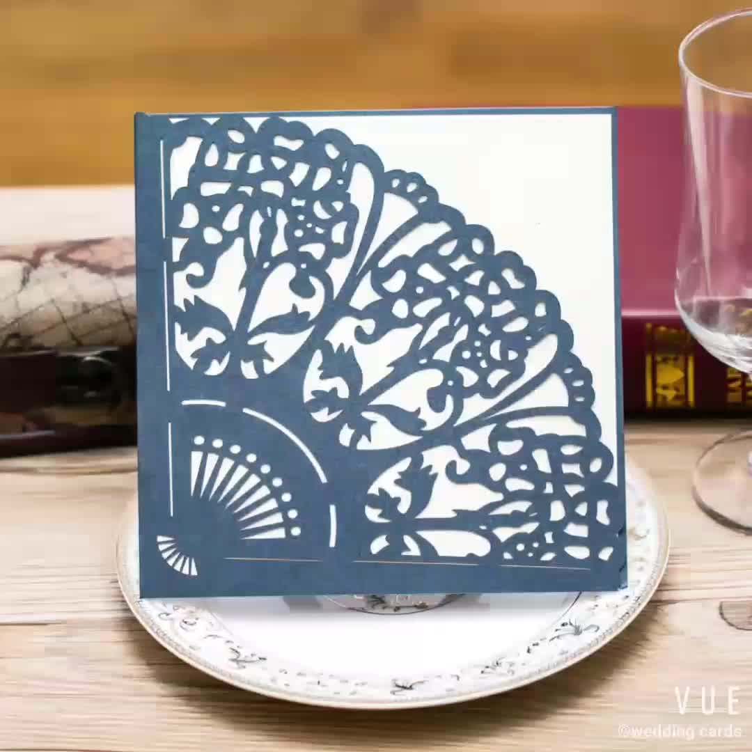 2017 Customized Unique Fan Shaped Navy Blue Laser Cut Wedding