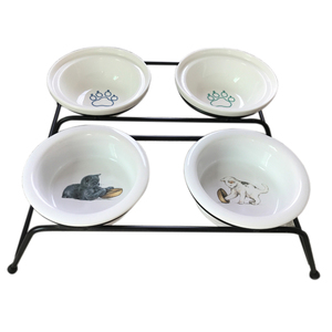 萌兽陶瓷猫碗架防滑狗碗猫盆双碗架狗盆宠物碗餐桌食盆粮不锈钢碗