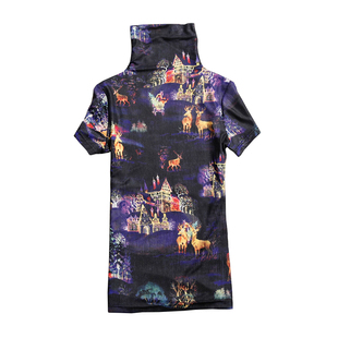 欧洲站2026早春新款高领短袖t恤女网纱打底衫洋气印花半袖上衣潮