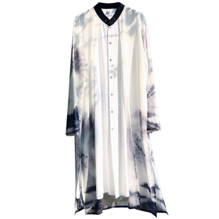 复古中国风男装飘逸汉服假两件古装男仙气水墨印花中长款风衣