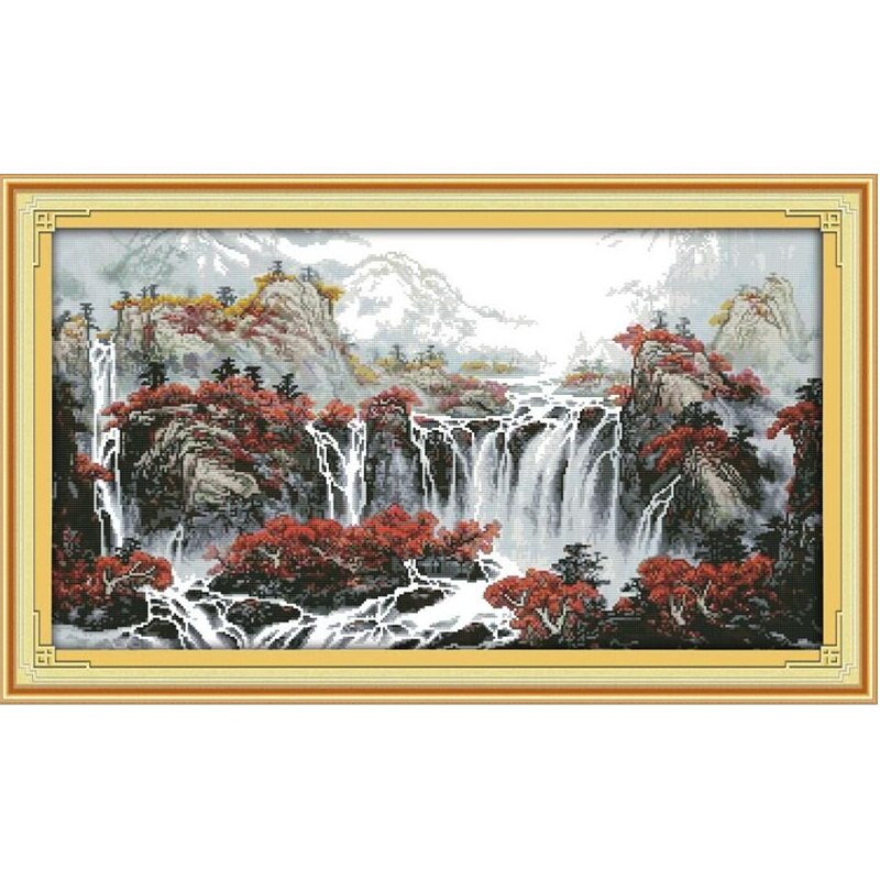 秋天景色十字绣水墨山水风景新款