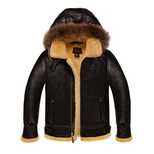 b3进口羔羊皮毛一体空军皮夹克真皮飞行皮衣男士冬季连帽高端