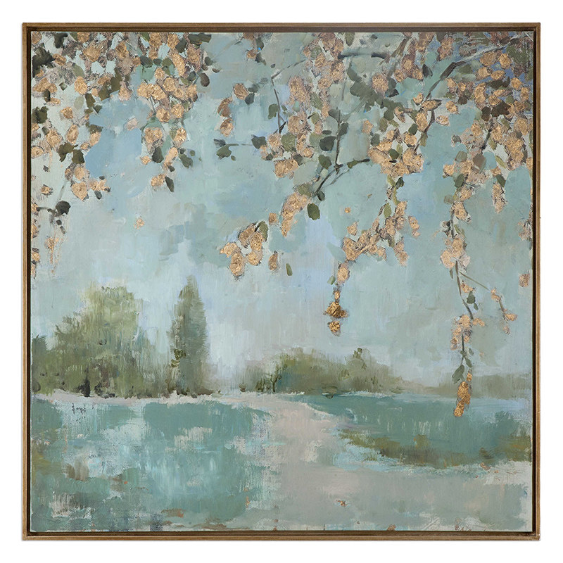 纽约下城公园进口宁静的雨后花园孔雀绿油画装饰画高93.5cm