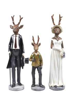 美式乡村绅士夫妻鹿一家三口摆件 创意田园电视柜家居装饰摆设品