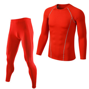 打底防晒运动套装男健身速干紧身衣长裤篮球足球跑步运动服薄红色
