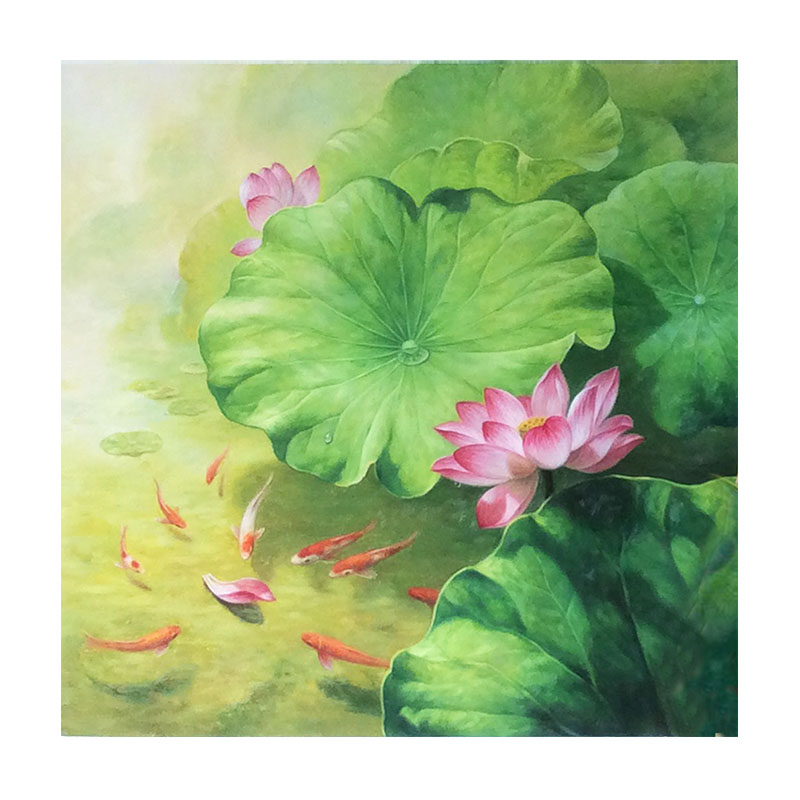 纯手绘荷花锦鲤九鱼油画定制装饰客厅玄关办公室卧餐厅壁画中式
