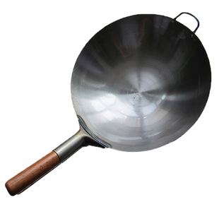 凹面电磁炉燃气灶两用木柄单把加厚饭店厨师圆底炒锅45cm熟铁大锅