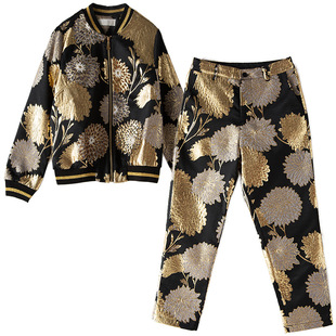 新中式套装高级感春秋安娜滕复古提花钉珠短款上衣外套裤子两件套